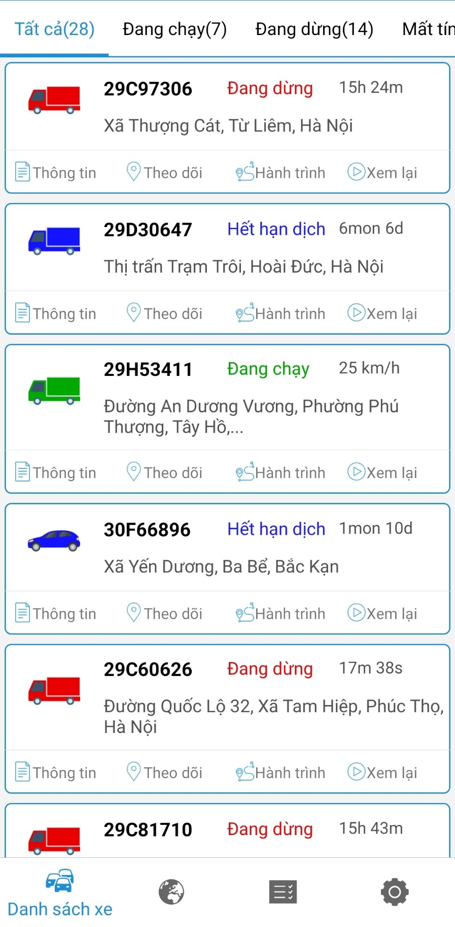 Màn hình theo dõi phương tiện trên app giám sát